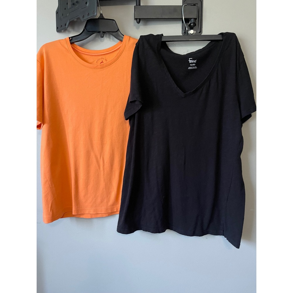 Lot of 2 Womens XL T Shirts Felina Black VNeck & White Stag Orange Crew Neck Tee